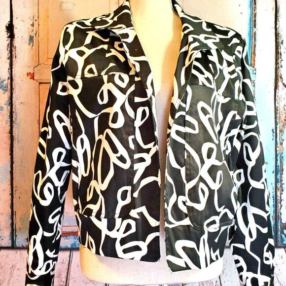 Transitions Cropped Jacket Size 12 Black & White Ribbon Pattern Abstract Y2K - Picture 1 of 12